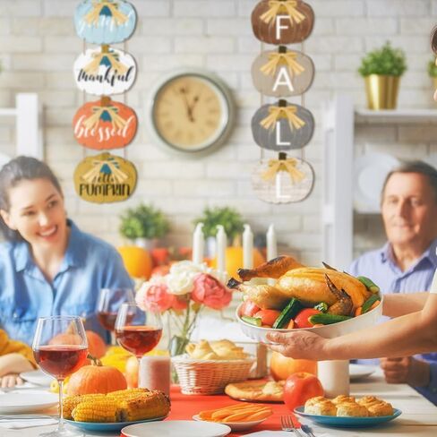 Sintuff Thanksgiving Fall Sign Pumpkin Decor Double Wooden Pumpkin Fall Sign Blessed Grateful Thankful Hanging Wall for Front Door Porch with Bow Fall Leaf for Farmhouse Autumn Harvest Outdoor Indoor in Saudi Arabia