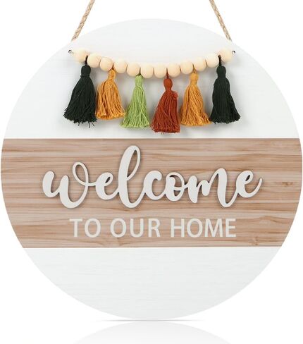 3D Welcome to Our Home Front Door Wood Sign, Boho Farmhouse Wall Porch Hanging with White Bead Tassels, Bohemian Welcome To Our Home Sign Plaque for Entryway in Saudi Arabia
