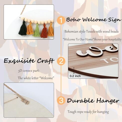 3D Welcome to Our Home Front Door Wood Sign, Boho Farmhouse Wall Porch Hanging with White Bead Tassels, Bohemian Welcome To Our Home Sign Plaque for Entryway in Saudi Arabia