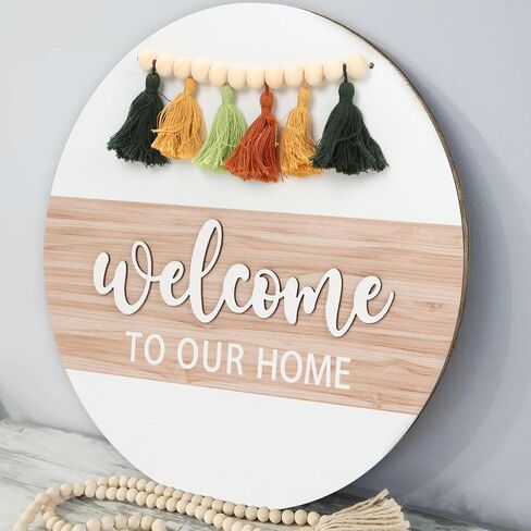 3D Welcome to Our Home Front Door Wood Sign, Boho Farmhouse Wall Porch Hanging with White Bead Tassels, Bohemian Welcome To Our Home Sign Plaque for Entryway in Saudi Arabia