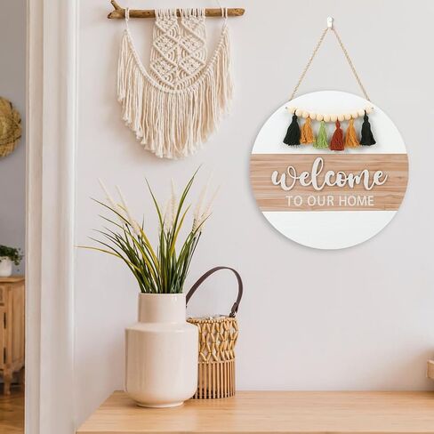 3D Welcome to Our Home Front Door Wood Sign, Boho Farmhouse Wall Porch Hanging with White Bead Tassels, Bohemian Welcome To Our Home Sign Plaque for Entryway in Saudi Arabia