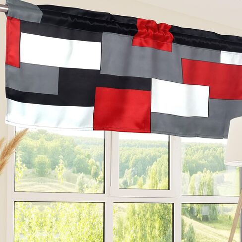 AILUER ستائر هندسية باللون الأسود والأبيض والأحمر والرمادي للنوافذ، ستائر معالجة النوافذ نصف نافذة ستارة للمطبخ وغرفة المعيشة وغرفة النوم (هندسي، 52 بوصة × 18 بوصة) in Kuwait