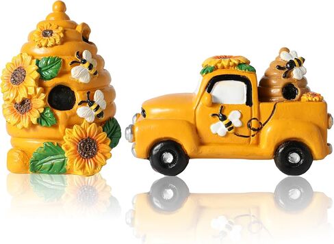 iStatue Vintage Truck with Bumble Bee - Set of 2 Collectible Vehicles with Honeycomb Sunflower - Spring Summer Fall Resin Swedish Statue - Tiered Tray Decorations for Home Decor (Bee House Car) in Kuwait
