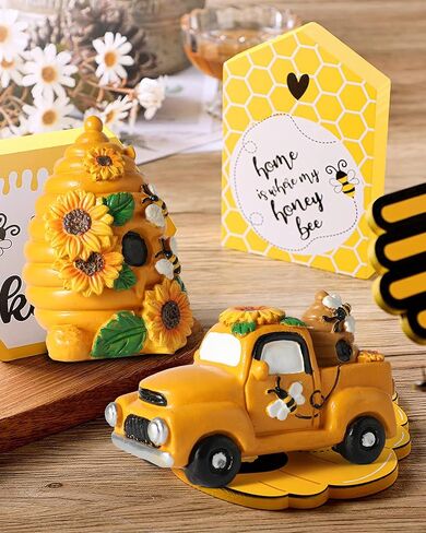 iStatue Vintage Truck with Bumble Bee - Set of 2 Collectible Vehicles with Honeycomb Sunflower - Spring Summer Fall Resin Swedish Statue - Tiered Tray Decorations for Home Decor (Bee House Car) in Kuwait