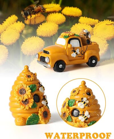 iStatue Vintage Truck with Bumble Bee - Set of 2 Collectible Vehicles with Honeycomb Sunflower - Spring Summer Fall Resin Swedish Statue - Tiered Tray Decorations for Home Decor (Bee House Car) in Kuwait