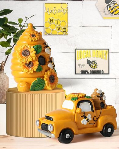 iStatue Vintage Truck with Bumble Bee - Set of 2 Collectible Vehicles with Honeycomb Sunflower - Spring Summer Fall Resin Swedish Statue - Tiered Tray Decorations for Home Decor (Bee House Car) in Kuwait