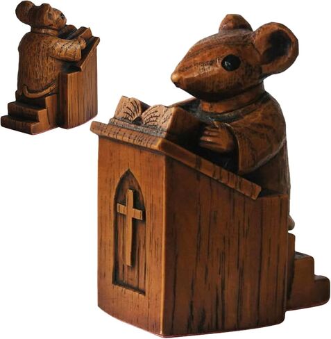MOFUCA ماوس الكنيسة في المنبر، تمثال راتنج فأر الكنيسة، منحوتة فأر الكنيسة الخشبية للمنزل والمكتب ديكور سطح المكتب (بني) in Kuwait