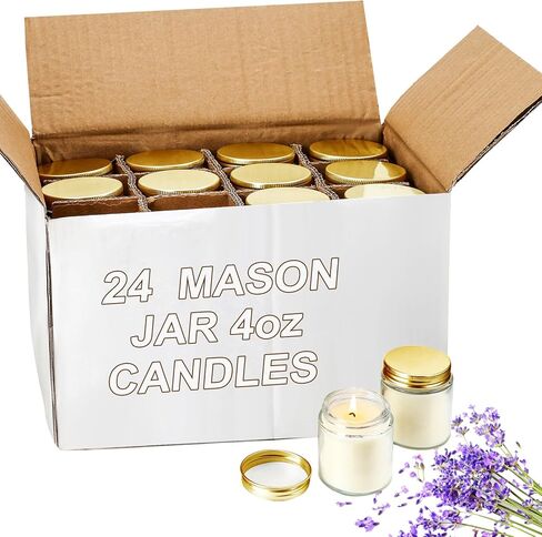 24 قطعة من شموع ماسون صغيرة من Lounsweer، 4oz شموع صغيرة معطرة برائحة اللافندر بكميات كبيرة من الشمع لتخفيف التوتر، شموع العلاج العطري لعيد الميلاد وهدية عيد الميلاد وحفلات الزفاف وحفلات استقبال المولود الجديد (ذهبي) in Kuwait