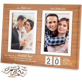 إطار صور الذكرى السنوية من Milestone ثم والآن، هدية زفاف تذكارية من 1 إلى 99 عامًا، إطار صور خشبي مع اقتباس عاطفي - هدية مثالية للخطوبة أو حفل الزفاف - يحمل صورتين مقاس 4x6 بوصة