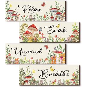 Lothee 4 Pieces Bathroom Wall Art Bathroom Decor Relax Soak Unwind Breathe Wall Decor Sign Bathroom Mushroom Butterfly Watercolor Floral Bouquet Prints Decoration for Home Bathroom Washroom (Dreamy)