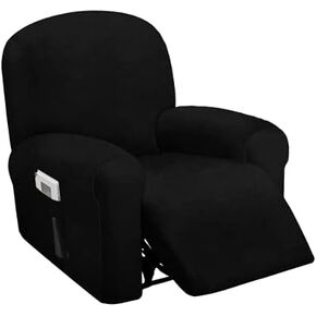 ULTICOR 4-Piece, 1 Seat Recliner Cover, Velvet Stretch Reclining Chair Covers for 1 Cushion Reclining Sofa, Single Seat Recliner Couch Cover, Thick, Very Soft, Machine Washable (Black)