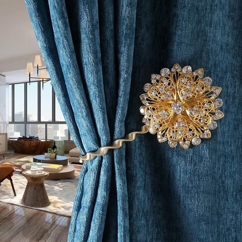 Magnetic Curtain Tie Backs,Curtain Bling Tiebacks,Crystal Curtain Holdbacks,Tie Back Curtains Magnetic Drapery Tiebacks,Rhinestone Sparkling Flower Curtain Buckle Holder-FWF003-Bronze -2 Pack in Kuwait
