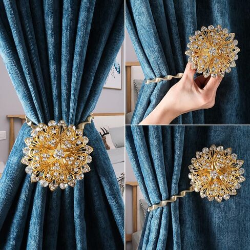 Magnetic Curtain Tie Backs,Curtain Bling Tiebacks,Crystal Curtain Holdbacks,Tie Back Curtains Magnetic Drapery Tiebacks,Rhinestone Sparkling Flower Curtain Buckle Holder-FWF003-Bronze -2 Pack in Kuwait