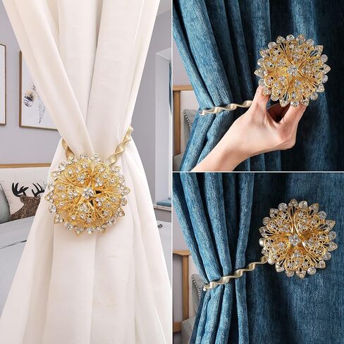 Magnetic Curtain Tie Backs,Curtain Bling Tiebacks,Crystal Curtain Holdbacks,Tie Back Curtains Magnetic Drapery Tiebacks,Rhinestone Sparkling Flower Curtain Buckle Holder-FWF003-Bronze -2 Pack in Kuwait