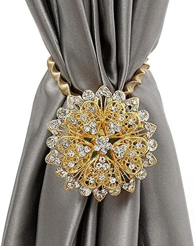 Magnetic Curtain Tie Backs,Curtain Bling Tiebacks,Crystal Curtain Holdbacks,Tie Back Curtains Magnetic Drapery Tiebacks,Rhinestone Sparkling Flower Curtain Buckle Holder-FWF003-Bronze -2 Pack in Kuwait
