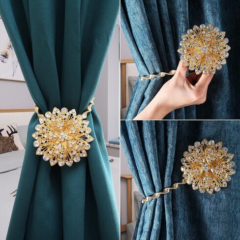 Magnetic Curtain Tie Backs,Curtain Bling Tiebacks,Crystal Curtain Holdbacks,Tie Back Curtains Magnetic Drapery Tiebacks,Rhinestone Sparkling Flower Curtain Buckle Holder-FWF003-Bronze -2 Pack in Kuwait