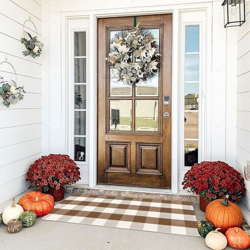 Buffalo Plaid Outdoor Rugs, 2'x4'3'' Brown and White Checkered Indoor/Outdoor Area Rug, Layering Rug for Hello/Welcome Door Mat, Washable Cotton Woven Farmhouse Mat for Fall Front Porch Décor in Kuwait