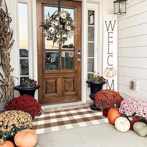 Buffalo Plaid Outdoor Rugs, 2'x4'3'' Brown and White Checkered Indoor/Outdoor Area Rug, Layering Rug for Hello/Welcome Door Mat, Washable Cotton Woven Farmhouse Mat for Fall Front Porch Décor in Kuwait