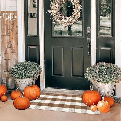 Buffalo Plaid Outdoor Rugs, 2'x4'3'' Brown and White Checkered Indoor/Outdoor Area Rug, Layering Rug for Hello/Welcome Door Mat, Washable Cotton Woven Farmhouse Mat for Fall Front Porch Décor in Kuwait