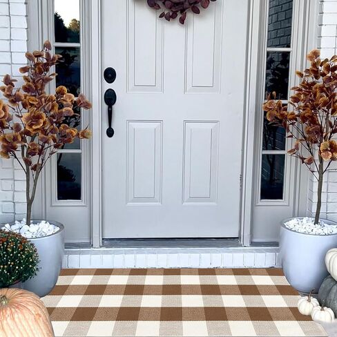Buffalo Plaid Outdoor Rugs, 2'x4'3'' Brown and White Checkered Indoor/Outdoor Area Rug, Layering Rug for Hello/Welcome Door Mat, Washable Cotton Woven Farmhouse Mat for Fall Front Porch Décor in Kuwait
