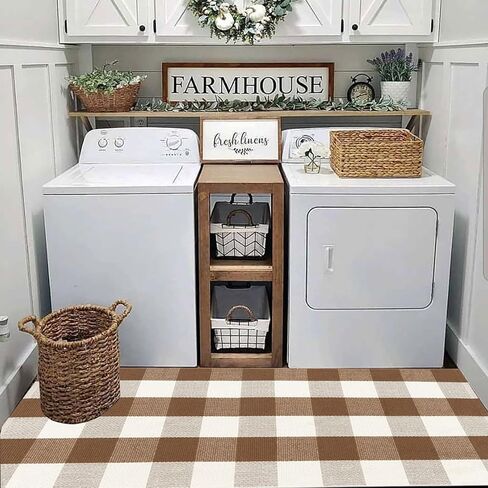 Buffalo Plaid Outdoor Rugs, 2'x4'3'' Brown and White Checkered Indoor/Outdoor Area Rug, Layering Rug for Hello/Welcome Door Mat, Washable Cotton Woven Farmhouse Mat for Fall Front Porch Décor in Kuwait