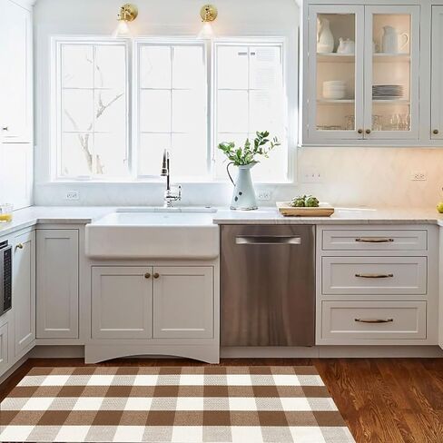 Buffalo Plaid Outdoor Rugs, 2'x4'3'' Brown and White Checkered Indoor/Outdoor Area Rug, Layering Rug for Hello/Welcome Door Mat, Washable Cotton Woven Farmhouse Mat for Fall Front Porch Décor in Kuwait