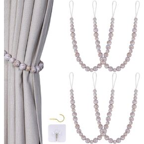 Wood Bead Curtain Tiebacks, KLOGTSIND Set of 2 Curtain Holdbacks for Thin or Thick Window Draperies, Boho Farmhouse Curtain Tiebacks with Hooks, Curtain Tie Backs for Home Office Room Decor