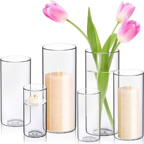 Hurricane Candle Holders for Pillar Votives Floating Candles, Clear Glass Cylinder Flower Vases for Wedding Party Decoration 10" 7.8" 6" Set of 3