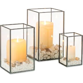 NUPTIO Glass Hurricane Candle Holder: 3 Pcs Black Lanterns Geometric Pillar Candles Holder Decorative Lantern Centerpiece for Outdoor & Indoor Halloween Holiday Fireplace Decor 8.1 & 6.5 & 4.7 inch
