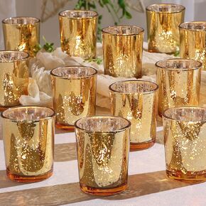 DEVI Gold Votive Candle Holders 24pcs, Mercury Glass Tealight Candle Holder, Gold Wedding Centerpieces for Table Decorations, Gold Valentine Party Bridal Shower Decorations