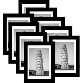 5x7 Picture Frame Set of 9, Display Pictures 4x6 with Mat or 5 x 7 Without Mat, Photo Frame for Wall Mounting or Tabletop Display, Black.