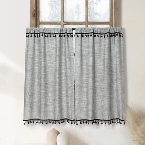 Boho Tassel Kitchen Curtains 36 Inch Length Modern Farmhouse Cotton Linen Short Cafe Curtains for Bathroom Small Window Country Rustic Tiers Bohemian Decor (26W x 36L, 2 Panels, Grey) in Saudi Arabia