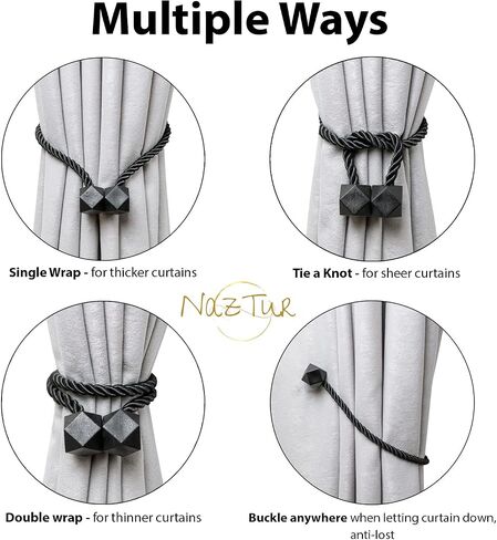 NazTur Magnetic Curtain Tiebacks- Upgrade 2022 with a Thicker Twist Rope and Strong Magnet Tieback Window Treatment Holdbacks Draperies Holders Decorative Drape Handmade Curtain Tie Back (Beige, 2) in Saudi Arabia