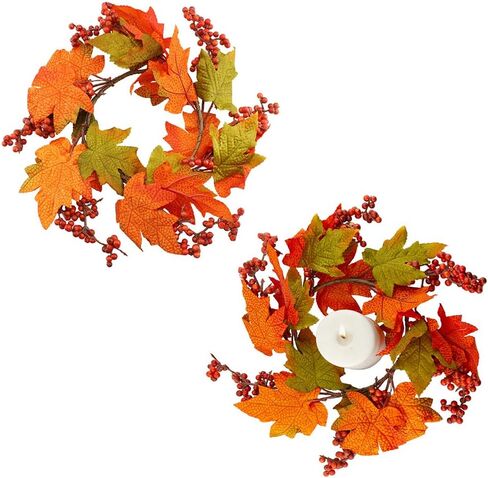AuldHome Fall Leaves Candle Wreaths (2-Pack); Autumn Colors Decorative Candle Rings for Fall and Thanksgiving Decor in Saudi Arabia