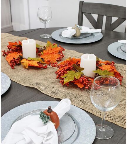 AuldHome Fall Leaves Candle Wreaths (2-Pack); Autumn Colors Decorative Candle Rings for Fall and Thanksgiving Decor in Saudi Arabia