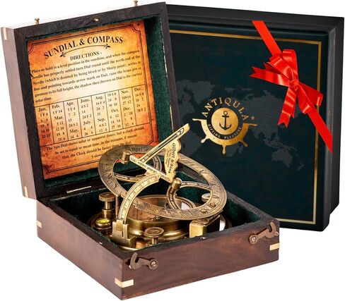Antiqula 5 inch Steampunk Sundial Compass – Top Grade Clear Vision Handcrafted Brass Compass in Rosewood Box with Chart for Hikers to Dial The Correct Solar Time, Perfect Vintage Gifts for Him in Kuwait