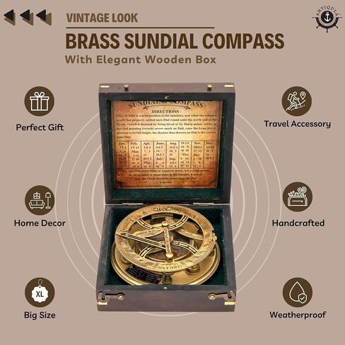 Antiqula 5 inch Steampunk Sundial Compass – Top Grade Clear Vision Handcrafted Brass Compass in Rosewood Box with Chart for Hikers to Dial The Correct Solar Time, Perfect Vintage Gifts for Him in Kuwait