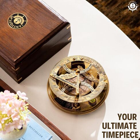 Antiqula 5 inch Steampunk Sundial Compass – Top Grade Clear Vision Handcrafted Brass Compass in Rosewood Box with Chart for Hikers to Dial The Correct Solar Time, Perfect Vintage Gifts for Him in Kuwait