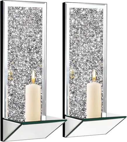 GIMORRTO Stylish Mirrored Candle Sconces 2 Set - Elegant Wall Candle Holders with Crushed Diamond 15x5.3 Inch for Pillar Candles (Mirror gray) in Kuwait