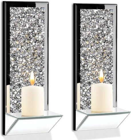 GIMORRTO Stylish Mirrored Candle Sconces 2 Set - Elegant Wall Candle Holders with Crushed Diamond 15x5.3 Inch for Pillar Candles (Mirror gray) in Kuwait