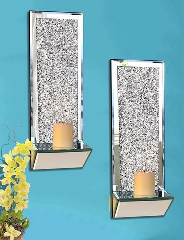 GIMORRTO Stylish Mirrored Candle Sconces 2 Set - Elegant Wall Candle Holders with Crushed Diamond 15x5.3 Inch for Pillar Candles (Mirror gray) in Kuwait