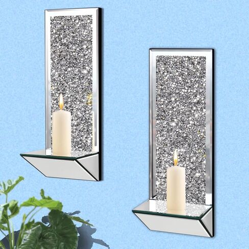 GIMORRTO Stylish Mirrored Candle Sconces 2 Set - Elegant Wall Candle Holders with Crushed Diamond 15x5.3 Inch for Pillar Candles (Mirror gray) in Kuwait
