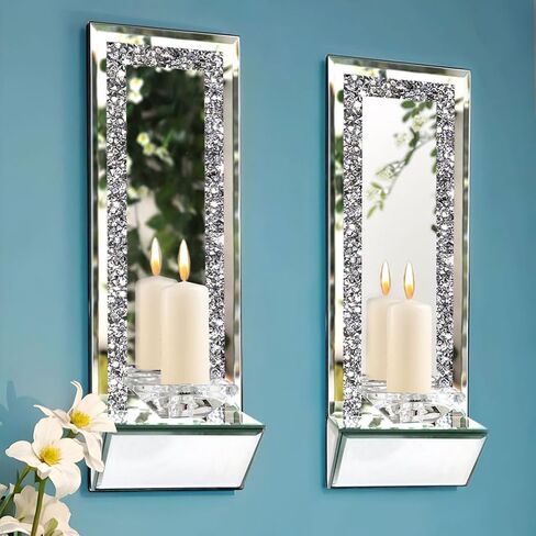 GIMORRTO Stylish Mirrored Candle Sconces 2 Set - Elegant Wall Candle Holders with Crushed Diamond 15x5.3 Inch for Pillar Candles (Mirror gray) in Kuwait