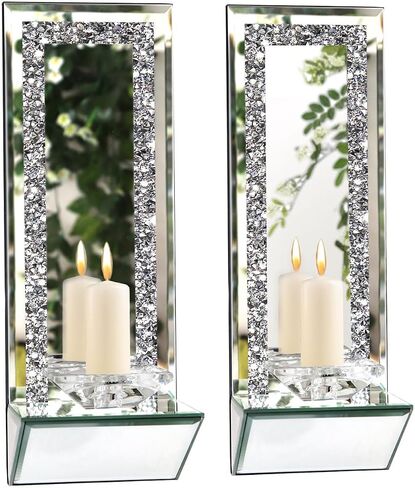 GIMORRTO Stylish Mirrored Candle Sconces 2 Set - Elegant Wall Candle Holders with Crushed Diamond 15x5.3 Inch for Pillar Candles (Mirror gray) in Kuwait