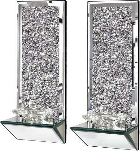 مجموعة شمعدانات شموع عاكسة أنيقة من GIMORRTO - حامل شموع حائط أنيق مع ألماس مسحوق مقاس 15 × 5.3 بوصة للشموع الدعامة (رمادي مرآة) in Kuwait