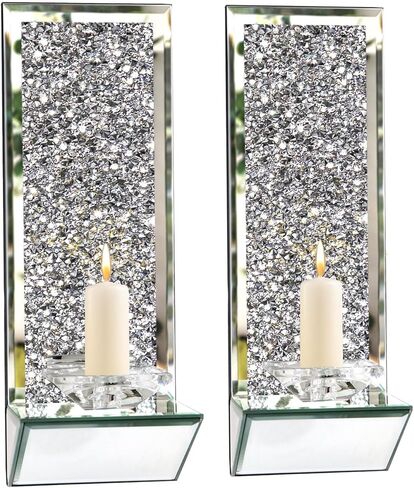 مجموعة شمعدانات شموع عاكسة أنيقة من GIMORRTO - حامل شموع حائط أنيق مع ألماس مسحوق مقاس 15 × 5.3 بوصة للشموع الدعامة (رمادي مرآة) in Kuwait