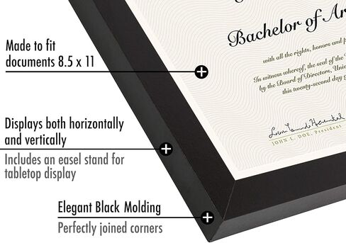 إطار صورة Americanflat مقاس 8.5 × 11 باللون الأسود - يُستخدم كإطار دبلوم أو إطار شهادة مع زجاج مقاوم للكسر - أدوات تعليق وحامل متضمنين لعرض الحائط والطاولة in Kuwait