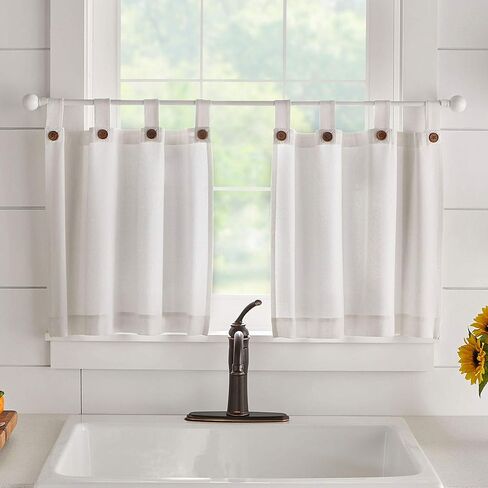 Elrene Home Fashions Tucker Solid Button Tier Window Curtains for Kitchen or Bathroom, 30 Inches by 36 Inches, White, Set of 2 in Kuwait