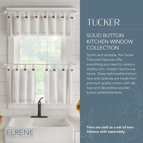 Elrene Home Fashions Tucker Solid Button Tier Window Curtains for Kitchen or Bathroom, 30 Inches by 36 Inches, White, Set of 2 in Kuwait