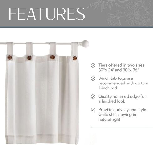 Elrene Home Fashions Tucker Solid Button Tier Window Curtains for Kitchen or Bathroom, 30 Inches by 36 Inches, White, Set of 2 in Kuwait